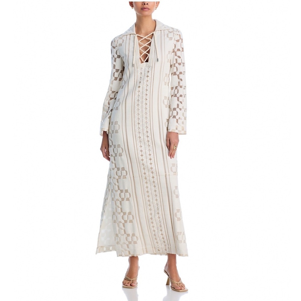 SIMKHAI Wiliama Lace Up Maxi Dress Cover Up White Multi XS NEW